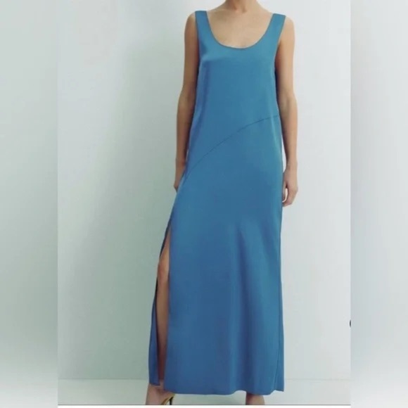 Zara Blue Silk Satin Maxi Slip Dress with slit Size Small - Picture 1 of 5